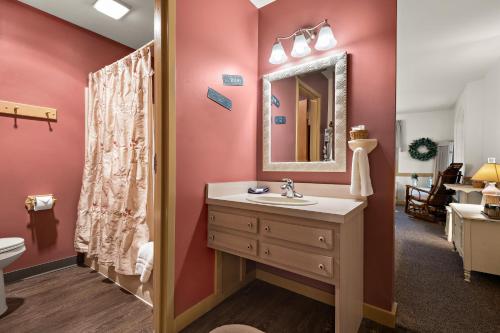 Country Living Inn في لانكستر: حمام مع حوض ومرآة