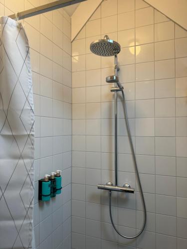 a shower in a white tiled bathroom at Casa Sophie in Giethoorn