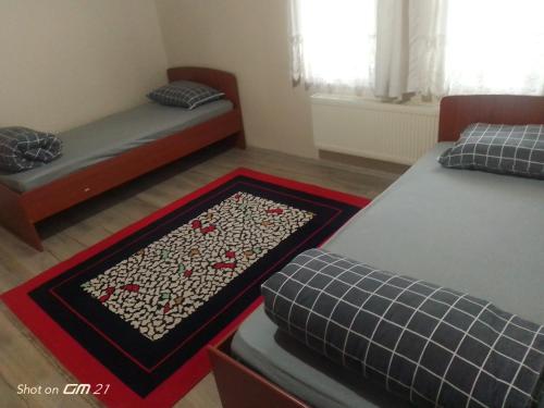 a bedroom with two beds and a rug on the floor at Rooftop apartment with a big garden in Kocaeli