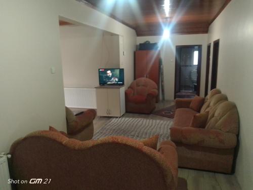 een woonkamer met banken en een flatscreen-tv bij Rooftop apartment with a big garden in Kocaeli