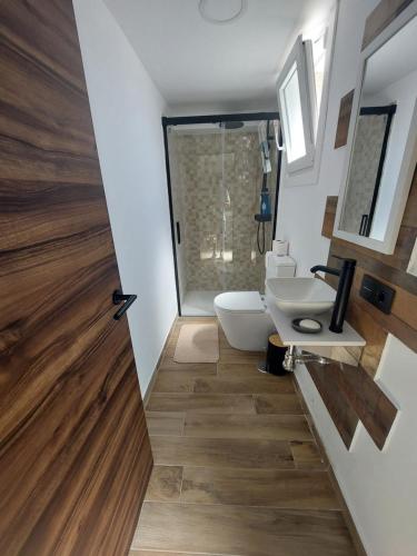 La salle de bains est pourvue de toilettes blanches et d'un lavabo. dans l'établissement Suit relax, à Pontevedra