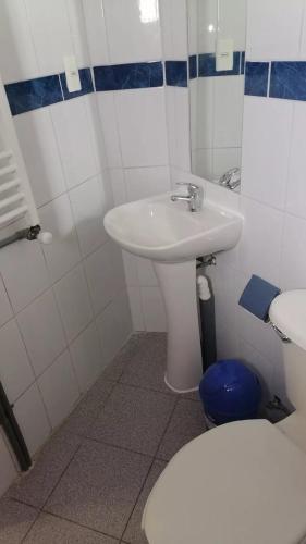 uma casa de banho com um lavatório branco e um WC. em Apartamento 410 em Punta Arenas