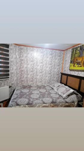 1 dormitorio con 1 cama con manta gris y blanca en Apartamento 410 en Punta Arenas