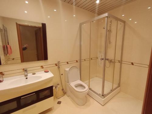 a bathroom with a shower and a toilet and a sink at Kvartira in Baku