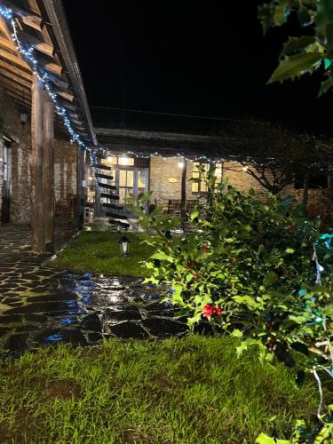 a garden at night with lights on a building at Hotel y Apartamentos Penarronda Playa in Castropol