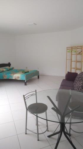 uma sala de estar com uma cama e uma cadeira em Casa com 6 suítes e piscina, a 160m da praia em Florianópolis