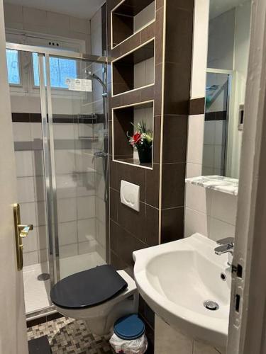 une salle de bain avec une douche, des toilettes et un lavabo dans l'établissement Maison conviviale, à Villejuif