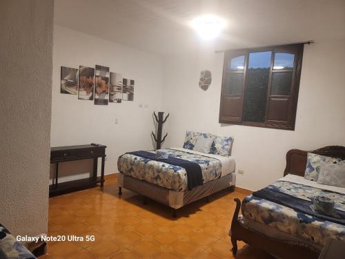ein Schlafzimmer mit einem Bett, einem Stuhl und einem Fenster in der Unterkunft LA CAPITANÍA RURAL, SAN PEDRO in Antigua Guatemala