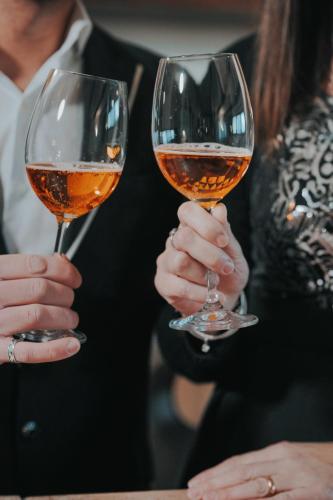 two people holding up two glasses of wine at IL Sole in Caselle Torinese