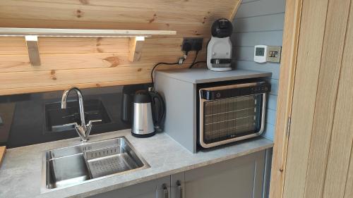 a tiny kitchen with a sink and a microwave at Devonknowes lodges in Tillicoultry
