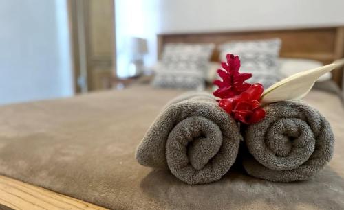 a pair of towels with a red bow on a bed at Chango's Apartments in Bocas del Toro