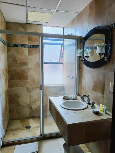 a bathroom with a sink and a shower at HOTEL VIRREYNAL in Teziutlán