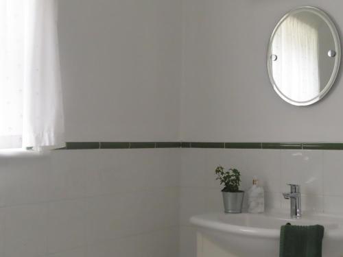 a white bathroom with a sink and a mirror at The Humble Daisy in Woodford