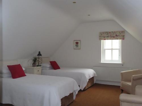 a white room with two beds and a window at The Humble Daisy in Woodford