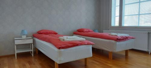 2 Betten mit roten Kissen in einem Zimmer in der Unterkunft Toprak Apartment 