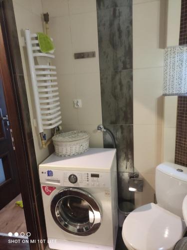 uma máquina de lavar roupa na casa de banho com WC em Apartament u Sylvie em Siedlce