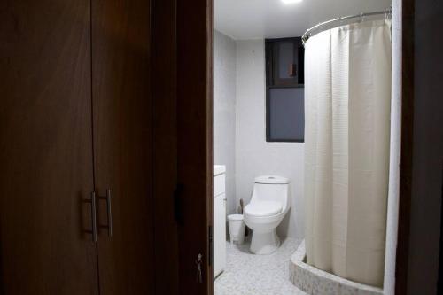a bathroom with a toilet and a shower curtain at NIce & cozy apt in San José Ins. in Mexico City