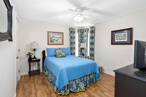 聖西蒙斯島的住宿－Harbour Oaks 418，一间卧室配有蓝色的床和电视