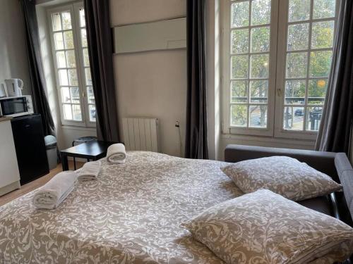 ein Schlafzimmer mit einem Bett mit zwei Kissen und zwei Fenstern in der Unterkunft Studio Paris 14 in Paris