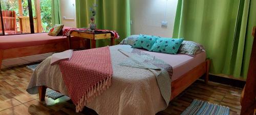 a bedroom with a bed in a room with green walls at Casa el Tortugo in Drake