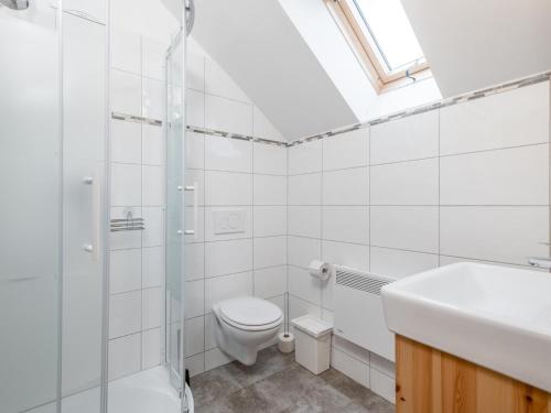 La salle de bains blanche est pourvue de toilettes et d'un lavabo. dans l'établissement Wolfgangchalet B, à Mauterndorf