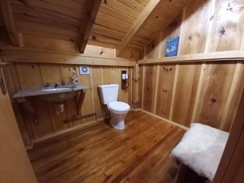 a wooden bathroom with a toilet and a sink at Chalés Sol da Serra in Rio Rufino