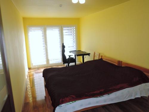a bedroom with a bed and a desk and a window at Holiday House near Lake D bie in Lubczyna
