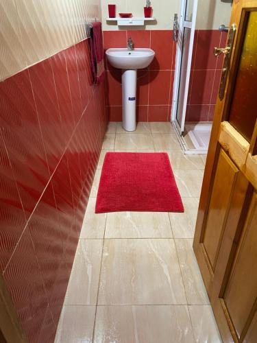 een badkamer met een wastafel en een rode muur bij Appartement chez Elmehdi in Fès