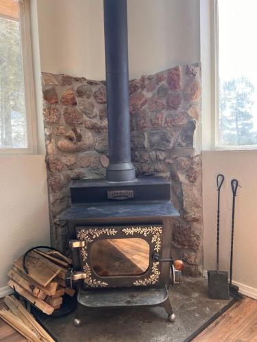 a stove in a room with a stone wall at Red Door cabins in Florissant