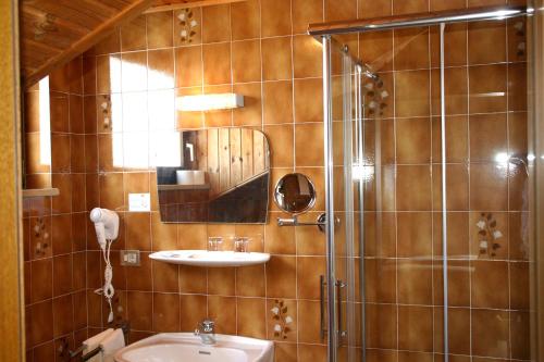 a bathroom with a shower and a sink at Panoramapension Etschblick in Meltina