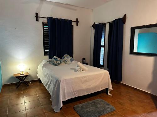 a bedroom with a white bed with blue curtains at Hotel Maya Luna Adults Only in Mahahual