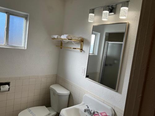 a bathroom with a toilet and a sink and a mirror at Sherwood Motel in Palmdale