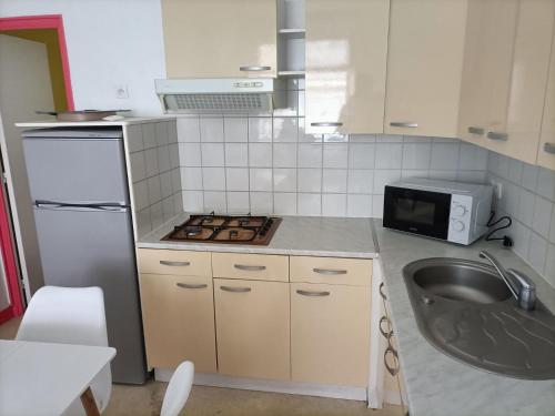 una pequeña cocina con fregadero y microondas en ++++ CENTRAL charmant 70m2 avec balcon, mer à 200 m et rue piétonne à 300 m ++++, en Berck-sur-Mer