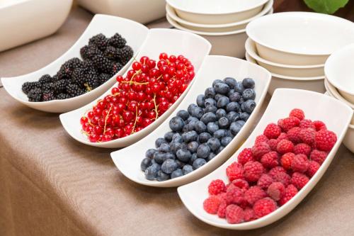 four white bowls filled with berries and raspberries at Pace 1954 Hotel in Arco