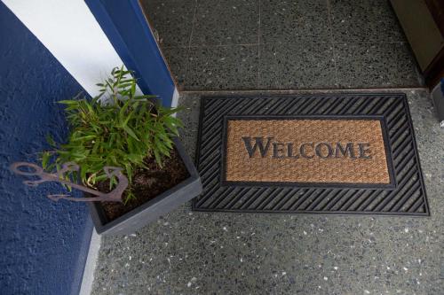 a welcome sign on the floor of a building with a plant at Ferienwohnungen Heimathafen in Edersee