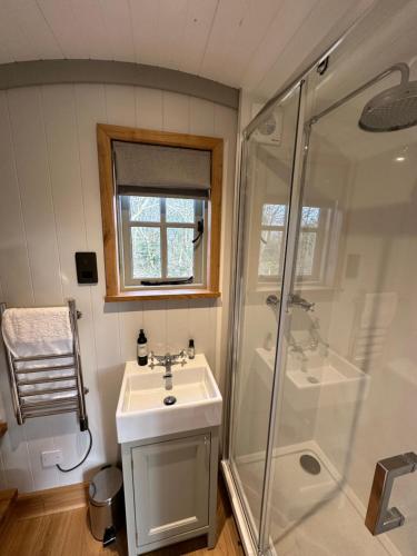 a bathroom with a sink and a shower at Private and peaceful stay in a Luxury Shepherds Hut near Truro in Truro