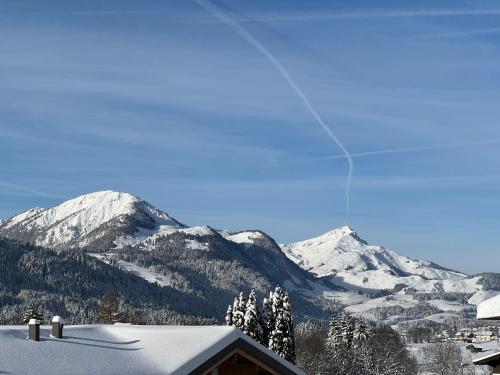 a view of a snowy mountain range with a house at Chalet Panoramablick in Hochfilzen
