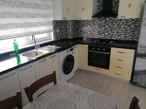 een keuken met een wastafel en een wasmachine bij Marina 1 in Antalya