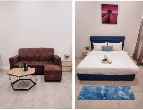 2 immagini di una camera da letto con letto e sedia di Bell Suite a Sepang