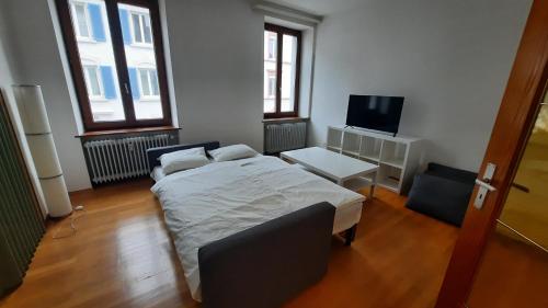 a bedroom with a bed and a tv in it at Black Stone Apartments - Lörrach in Lörrach