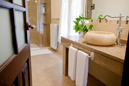 a bathroom with a large sink and a shower at Casa de La Campana in Cieza
