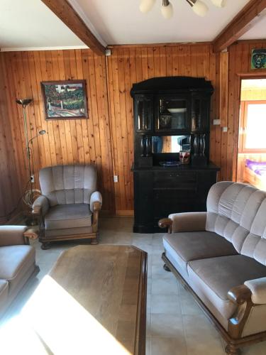 a living room with two couches and a table at Kőlépcsős Vendégház in Nyúl