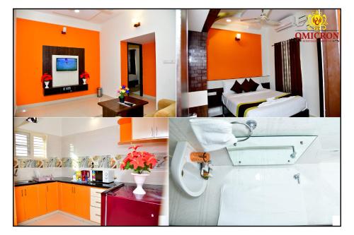 un collage de fotos de una habitación de hotel en Hotel Omicron 1 BHK Studio room en Bangalore