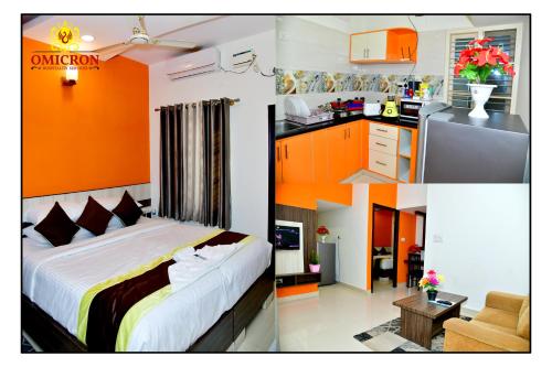 a bedroom with orange walls and a bed and a kitchen at Hotel Omicron 1 BHK Studio room in Bengaluru