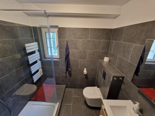 a bathroom with a toilet and a sink and a tub at Geräumige und zentrale Ferienwohnung in Stahnsdorf