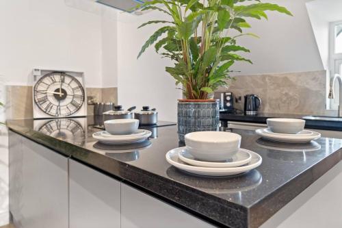 eine Küchentheke mit Tellern und einer Pflanze darauf in der Unterkunft Wonderful Stay 2 Bedrooms Flat in Leicester