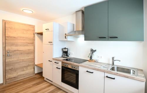 een keuken met witte kasten en een spoelbak bij Club House by Schladming-Appartements in Schladming