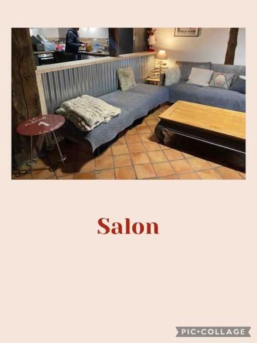 un salon avec un canapé et une table dans l'établissement L’Eterlou Authentique partie de corps de ferme 10pers., à Targassonne