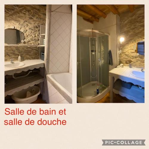 - deux photos d'une salle de bains avec un lavabo et une douche dans l'établissement L’Eterlou Authentique partie de corps de ferme 10pers., à Targassonne