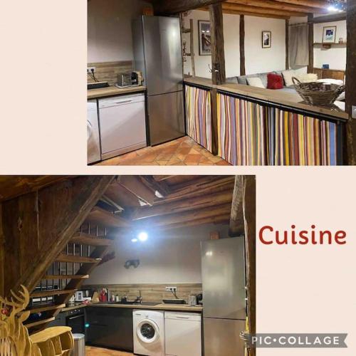 - deux photos d'une cuisine avec un réfrigérateur et d'une maison dans l'établissement L’Eterlou Authentique partie de corps de ferme 10pers., à Targassonne